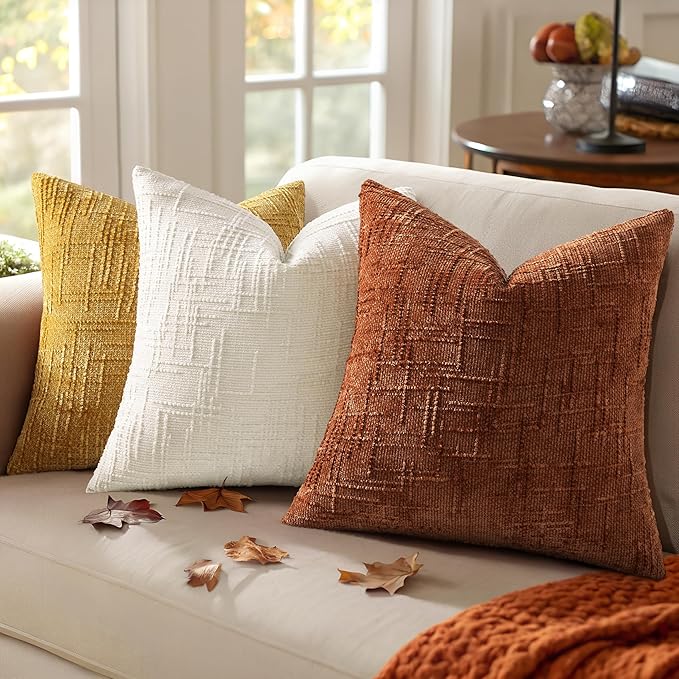 decorUhome Spring Rust Chenille Throw Pillow Covers 16x16 Set of 2 Textured Slubby Couch Pillow Covers Farmhouse Accent Modern Neutral Decorative Pillow Cases for Bed Sofa Living Room