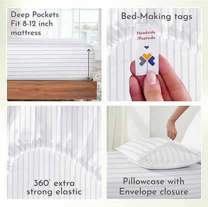 California Design Den Stripe Twin Sheets Set, 100% Cotton Deep Pocket Twin Size Sheets & Pillowcase Set. Soft Sateen Weave - Classic Stripe