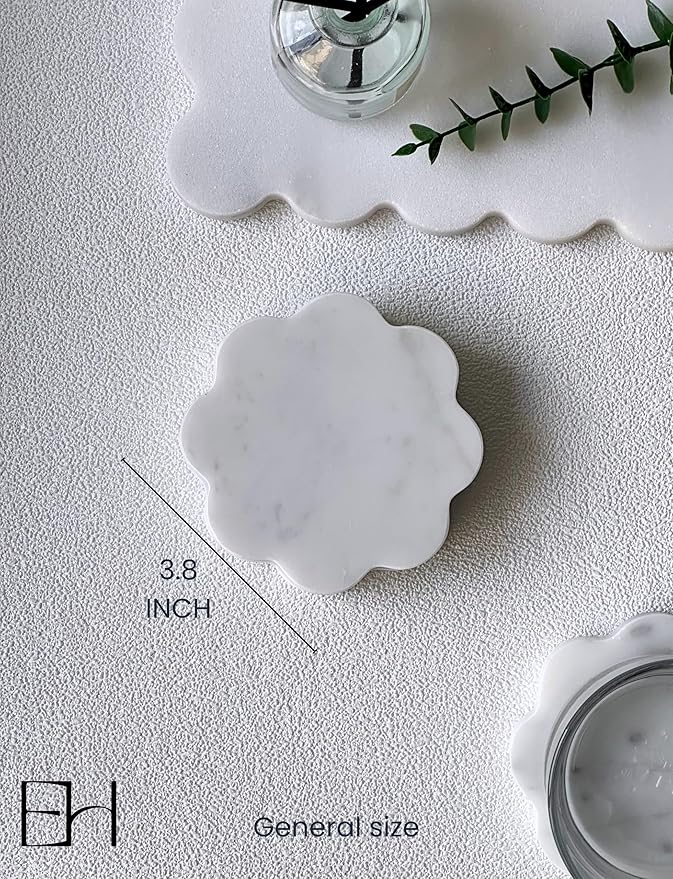 Marble Coasters Set of 4 - Natural Stone Coaster for Drinks, Modern Cup Holders, Bar Coffee Table Desk Decor, Cool Home Decor 4" (Calacatta White, Scalloped Round)
