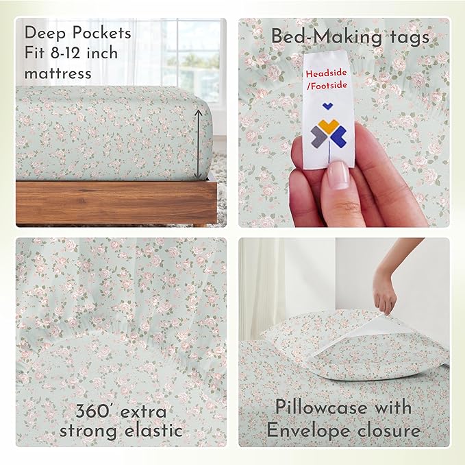 California Design Den Rose Sheet Set Twin XL, 100% Cotton Deep Pocket Twin XL Sheets & Pillowcase Set, Soft Sateen Weave - Vintage Rose