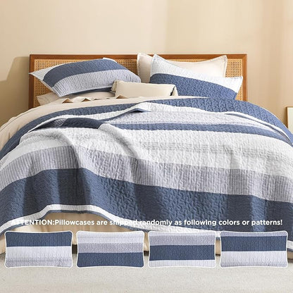 Litanika Oversized King Quilt Set Mineral Blue, 120x98 Stripe Bedspread Coverlet 3 Pieces, Mineral Blue Lightweight Quilted Bedding Set for All Season(Oversized King-1 Quilt, 2 Pillowcases)
