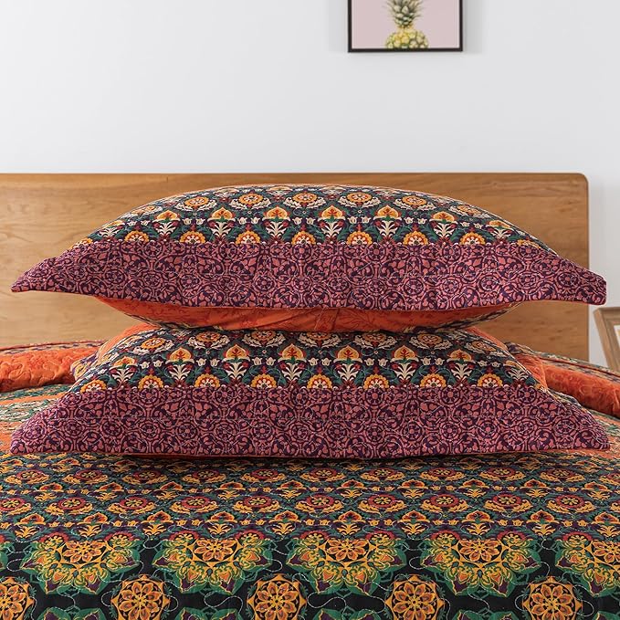 HoneiLife Quilt Sets King Size - 3 Pieces Microfiber Quilt Lightweight Bedspreads Wildflower Coverlets Retro Bed Cover King Quilt Bedding Set All Season Quilts-Pumpkin