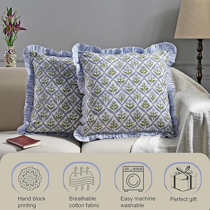 Ridhi Modern Farmhouse Pillow Covers Decorative Cotton Throw Pillow Covers Set of 2 Light Steel Blue Cushion Covers with Ruffle for Couch Sofa Bed Living Room Spring Home Decor 20x20
