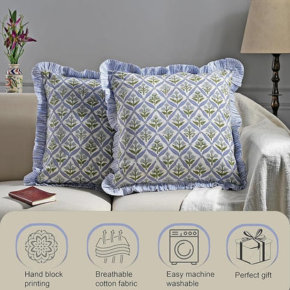 Ridhi Modern Farmhouse Pillow Covers Decorative Cotton Throw Pillow Covers Set of 2 Light Steel Blue Cushion Covers with Ruffle for Couch Sofa Bed Living Room Spring Home Decor 20x20