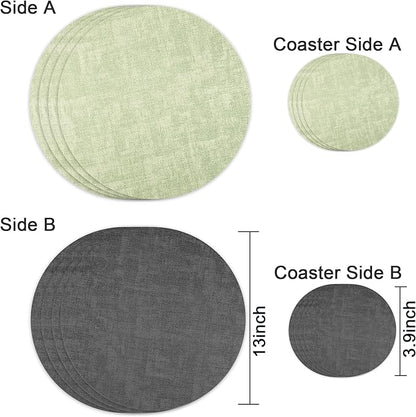 13-Inch Faux Leather Round Placemats Set of 4, Waterproof Anti-Slip Dual Sided Place mats, Heat Resistant Washable Table Mats with Coaster, Suitable for Indoor & Outdoor (4, Black Light Green)