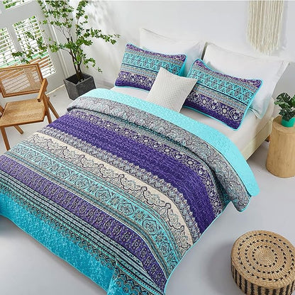 WONGS BEDDING Boho Quilt Full Size, Purple Blue Bohemian Lightweight Microfiber Bed Decor Bedspread for All Season 90"x78"(3 Pieces)