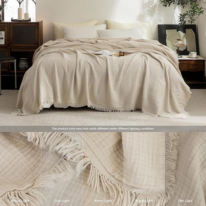 FOSSA Muslin Blanket with Fringe -4-Layer 100% Cotton Gauze Super Soft & Breathable Throw -Lightweight Decorative Cooling Blanket for Bed, Sofa, Office -Twin XL Size 66" × 90" (Beige)