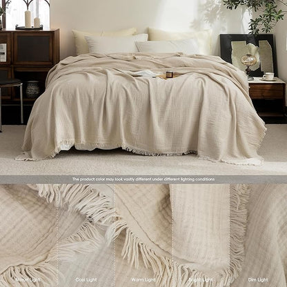 FOSSA Muslin Blanket with Fringe -4-Layer 100% Cotton Gauze Super Soft & Breathable Throw -Lightweight Decorative Cooling Blanket for Bed, Sofa, Office -Twin XL Size 66" × 90" (Beige)
