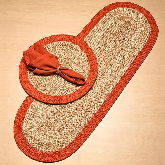 CHARDIN HOME Verona Oval Woven Jute & Cotton Braided Table Runner, Size -13 x 36 Inches, Color - Natural Jute with Rust Orange Border Thanksgiving Table Decor