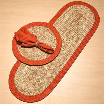 CHARDIN HOME Verona Oval Woven Jute & Cotton Braided Table Runner, Size -13 x 36 Inches, Color - Natural Jute with Rust Orange Border Thanksgiving Table Decor