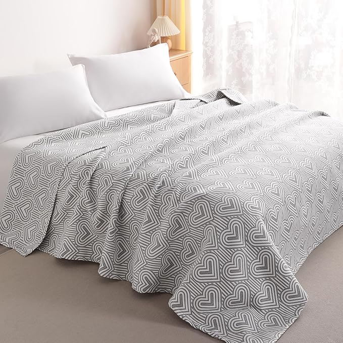 NTBAY 3 Layers Cotton Muslin 68x92 Twin Bed Blanket, Super Soft Breathable Thermal Yarn Dyed Quilt for Adults, Perfect Lightweight Blanket for Couch Sofa Bed All Seasons, Grey Heart