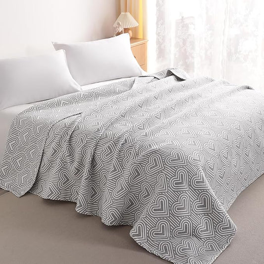 NTBAY 3 Layers Cotton Muslin 68x92 Twin Bed Blanket, Super Soft Breathable Thermal Yarn Dyed Quilt for Adults, Perfect Lightweight Blanket for Couch Sofa Bed All Seasons, Grey Heart