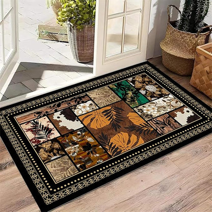Patchwork Floral & Tropical Leaf Area Rug 6x9ft, Vintage Boho Pattern Low Pile Carpet, Non-Slip & Machine Washable for Bedroom, Living Room, Farmhouse, Home Office