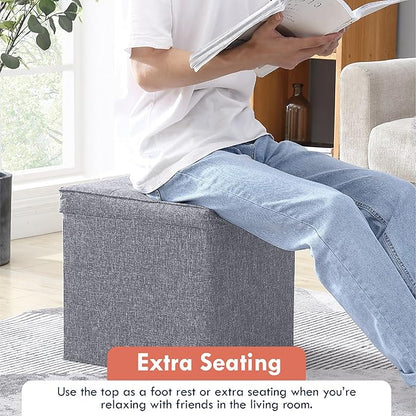Ornavo Home Square Storage Ottoman Linen Foldable Tufted Cube Storage Ottoman Foot Rest Stool/Seat with Table Top Lid, Coffee Table Ottoman - 15" x 15" x 15" (Gray)