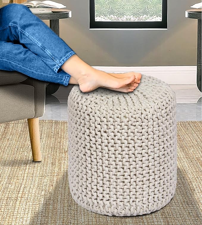 COTTON CRAFT Braided Round Pouf - Hand Knitted Cotton Cord Cable Dori Cylindrical Floor Pouf - Foot Stool - Ottoman - Footrest - Accent Seat - Living Room Bedroom Dorm Décor - 15 Round x 16 H - Ivory