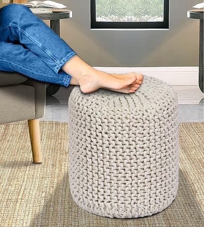 COTTON CRAFT Braided Round Pouf - Hand Knitted Cotton Cord Cable Dori Cylindrical Floor Pouf - Foot Stool - Ottoman - Footrest - Accent Seat - Living Room Bedroom Dorm Décor - 15 Round x 16 H - Ivory