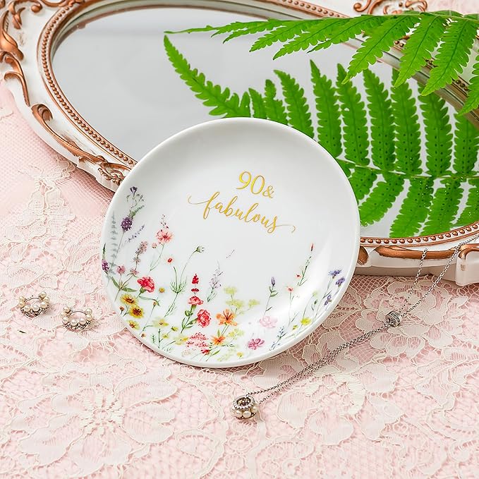 Crisky 90 Fabulous Jewelry Ring Dish for Women 90th Birthday Gifts Idea for 90 Year Old Gifts for Her Friend Sister Wife Mom Aunt Female Coworkers