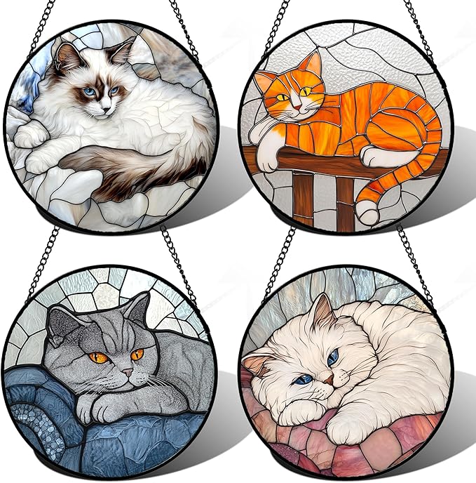 Stained Glass Window Hanging 4 Pcs Set Cute Cat Large 15" - Suncatcher Door Garden Sun Catcher Decor Birthday Mother's Day Christmas Comfort Gifts for Lost Pet Woman Nana Mom Men Friend