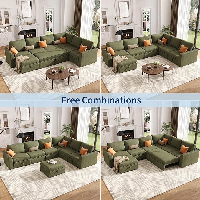 GarveeHome Sectional Sleeper Sofa with Pull Out Bed, Corduroy Modular Sectional Sofa U Shaped 7 Seat Couch with Pull Out Couch and Storage Seat & Ottoman, Convertible Couches for Living Room