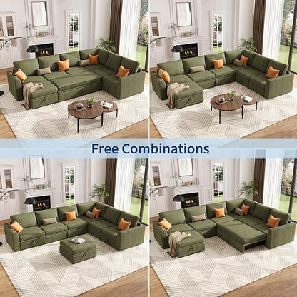 GarveeHome Sectional Sleeper Sofa with Pull Out Bed, Corduroy Modular Sectional Sofa U Shaped 7 Seat Couch with Pull Out Couch and Storage Seat & Ottoman, Convertible Couches for Living Room