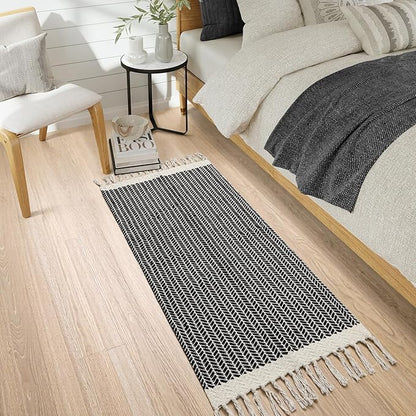 Lahome Boho Rugs for Entryway, 2x5 Laundry Room Rug Lightweigh Cotton Washable Runner Rug with Tassels, Farmhouse Black Bath Door Mats Indoor Non Shedding Runners for Hallways Bedroom
