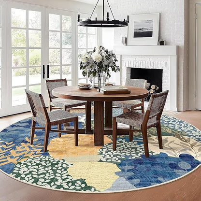 DEXDE Large Round Rug 9ft Washable Circle Area Rugs Non Slip Low Pile Boho Floral Circular Carpet for Bedroom Bathroom Entryway Kids Room Office Dining Room,Blue