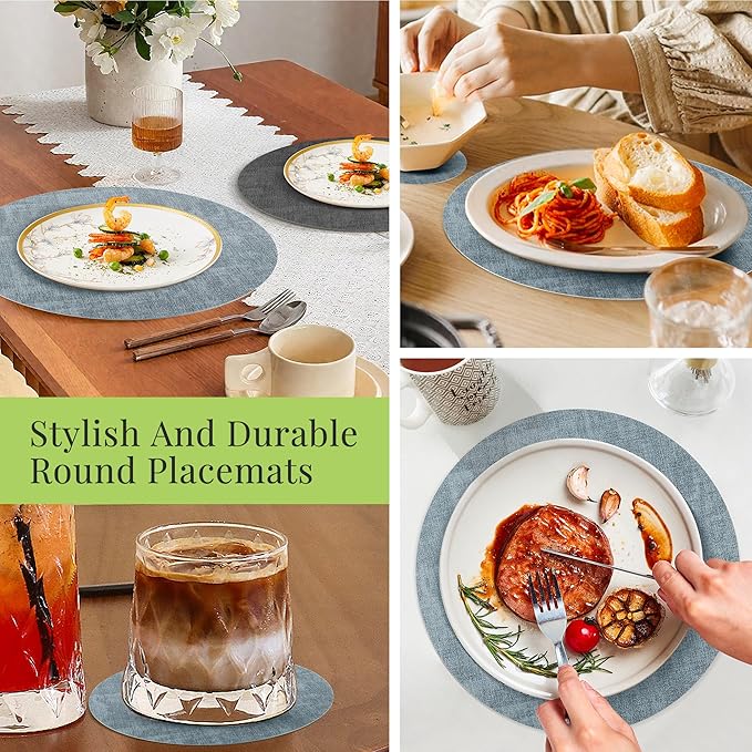 13-Inch Faux Leather Round Placemats Set of 6, Waterproof Anti-Slip Dual Sided Place mats, Heat Resistant Washable Table Mats with Coaster, Suitable for Indoor & Outdoor (6, Black Light Blue)