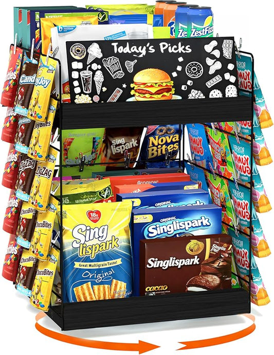 Chip Rack Display Stand, 6 Tiers 50 Clips Snack Organizer, 360° Rotating Wood Base Candy Display Rack, Portable Retail Display Shelf for Countertop, Office, Store, Kitchen, Party