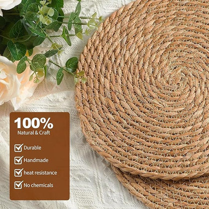 Woven Placemats Set of 4, 12 Inch Rattan Placemats Wicker Place Mats,Natural Farmhouse Jute Braided Table Runner for Kitchen Countertops, Table, Home Decor