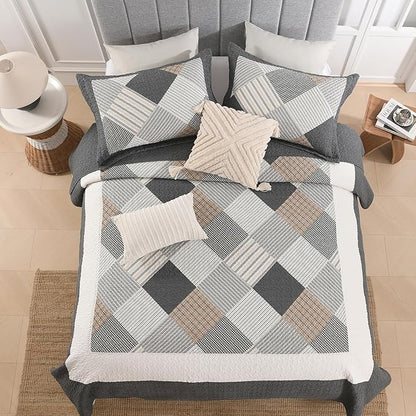 Quilts Queen Size - Queen Quilt Bedspread Sets, 100% Cotton Gray Quilt Bedding Set for Queen Bed, 3 Pcs Farmhouse Reversible Rustic Lightweight Comforter, Dark-Gray/White/Brown