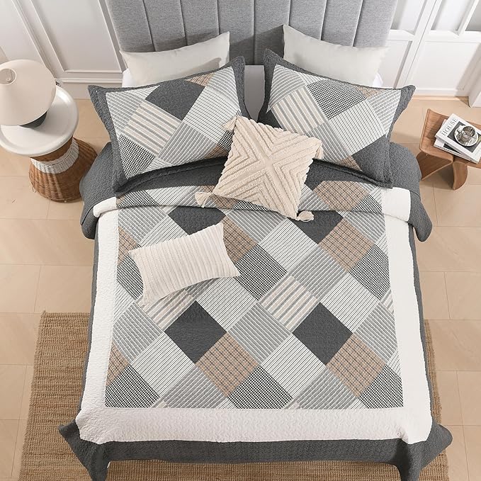 Quilts King Size - King Quilt Bedspread Sets, 100% Cotton Gray Quilt Bedding Set for King Bed, 3 Pcs Farmhouse Reversible Rustic Lightweight Comforter, Dark-Gray/White/Brown