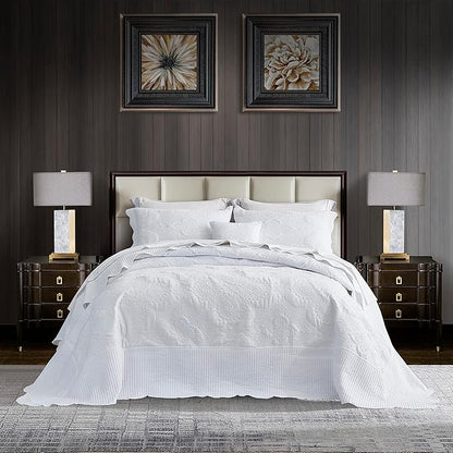 HZ & HY Oversized King Bedspread, Quilted Coverlet Bedding Set, Lightweight Thin Comforter, Reversible, 5 Piece, 100% Microfiber, White