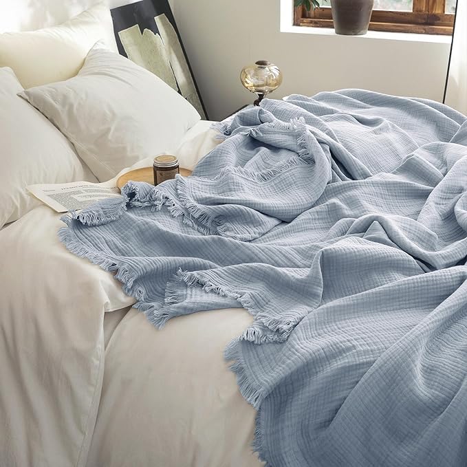 FOSSA Muslin Blanket with Fringe - 4-Layer 100% Cotton Gauze Super Soft & Breathable Throw -Lightweight Decorative Cooling Blanket for Bed, Sofa, Office (Cornflower Blue, Twin XL (66" × 90"))