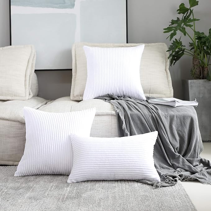 Home Brilliant Oblong Throw Pillow Covers 12x20 Striped Corduroy Rectangle Pillow Covers for Spring Decor Couch Lumbar Cushion Covers, 12 x 20 inch, Pure White