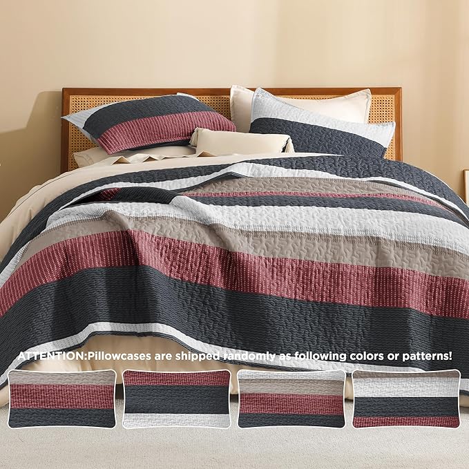 Litanika Quilt Queen Size Black and Red, Stripe Patchwork Summer Bedspread Coverlet 3 Pieces, Soft Lightweight Microfiber Quilted Bedding Set for All Season(1 Quilt, 2 Pillowcases)