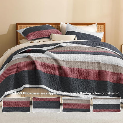 Litanika Quilt King Size Black and Red, Stripe Patchwork Summer Bedspread Coverlet 3 Pieces, Soft Lightweight Microfiber Quilted Bedding Set for All Season(1 Quilt, 2 Pillowcases)