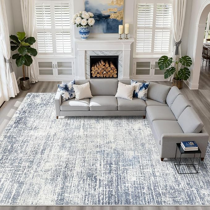 12x15 Area Rug Living Room: Washable Large Neutral Blue Rugs Abstract Soft Modern Stain Resistant Indoor Floor Non-Slip Carpet for Bedroom Nursery Kids Office Playroom Dining Room Under Table Home