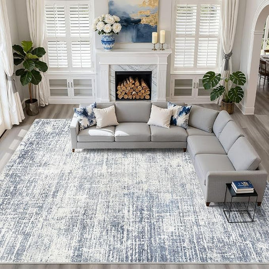 12x15 Area Rug Living Room: Washable Large Neutral Blue Rugs Abstract Soft Modern Stain Resistant Indoor Floor Non-Slip Carpet for Bedroom Nursery Kids Office Playroom Dining Room Under Table Home
