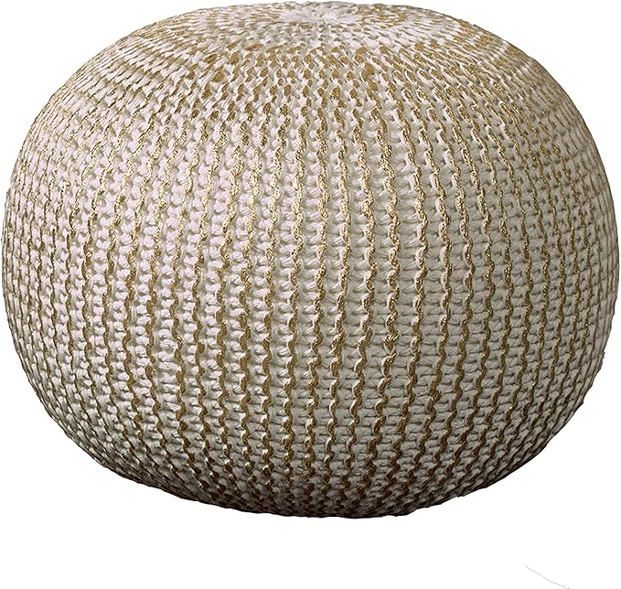 LR Home Gold/Beige Cableknit All-Natural Cotton Round Ottoman for Home Décor | Hand-Made Farmhouse Foot Rest for Bedroom & Living Room | 20 x 20 x 16 Stuffed Pouf for Seating
