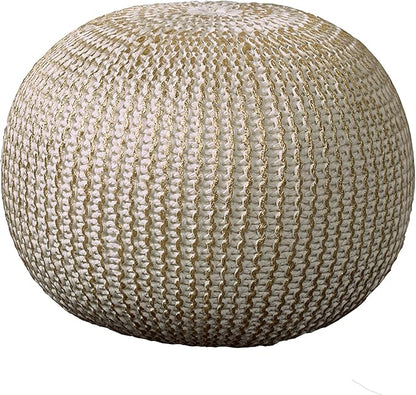 LR Home Gold/Beige Cableknit All-Natural Cotton Round Ottoman for Home Décor | Hand-Made Farmhouse Foot Rest for Bedroom & Living Room | 20 x 20 x 16 Stuffed Pouf for Seating