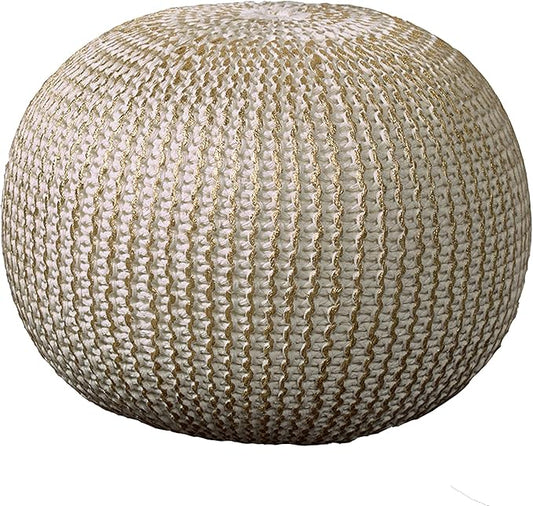 LR Home Gold/Beige Cableknit All-Natural Cotton Round Ottoman for Home Décor | Hand-Made Farmhouse Foot Rest for Bedroom & Living Room | 20 x 20 x 16 Stuffed Pouf for Seating
