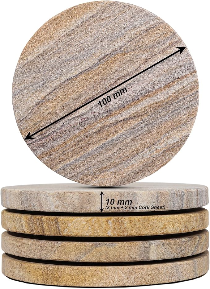 Sandstone Water Absorbent Hand Crafted Round Coasters for Drinks - 4 Inches Wide Thirsty Stone Bar/Drink Coasters- Made from Rainbow Sandstone (Set of 4 Without Holder)