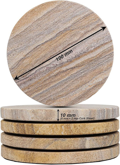 Sandstone Water Absorbent Hand Crafted Round Coasters for Drinks - 4 Inches Wide Thirsty Stone Bar/Drink Coasters- Made from Rainbow Sandstone (Set of 4 Without Holder)
