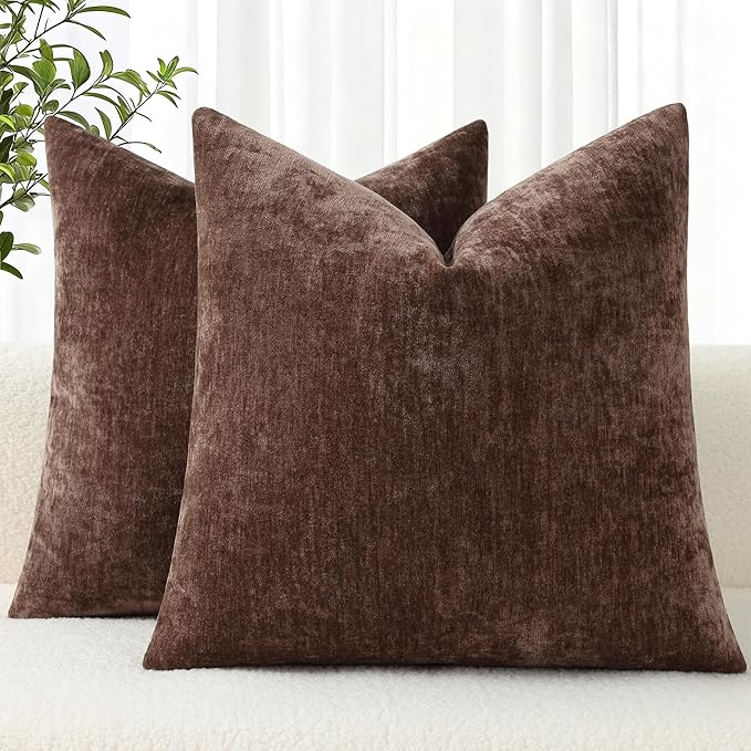 decorUhome Chenille Brown Throw Pillow Covers 18x18 Inch Set of 2, Decorative Soft Couch Pillow Covers Solid Dyed Accent Velvet Farmhouse Neutral Square Pillow Cases for Sofa Bed Living Room