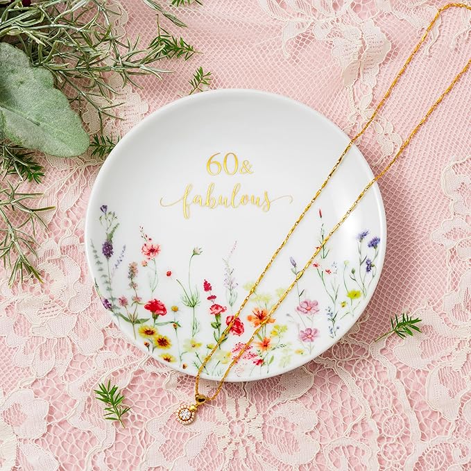Crisky 60 Fabulous Jewelry Ring Dish for Women 60th Birthday Gifts Idea for 60 Year Old Gifts for Her Friend Sister Wife Mom Aunt Female Coworkers