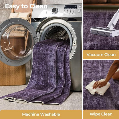 Kokia Abstract Area Rug Living Room 5x7 Washable Large Rug Bedroom Living Room Under Dining Table Soft Non Slip Stain Resistant Carpet Room Decor, Purple Rug, Oslo Dusty