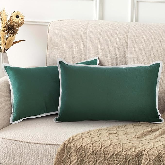 FINGERCRAFT Decorative Throw Pillow Cover Pack of 2 Soft Velvet Cushion Cover, Sofa and Bedroom Pillow Case 12" x 20" Hunter Green