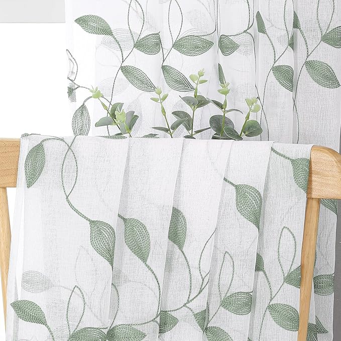 Tollpiz Sage Green Leaf Sheer Tier Curtains Leaves Embroidered Kitchen Short Curtain Rod Pocket Voile Bathroom Curtains for Cafe, 30 x 24 inches Long, Set of 2 Panels