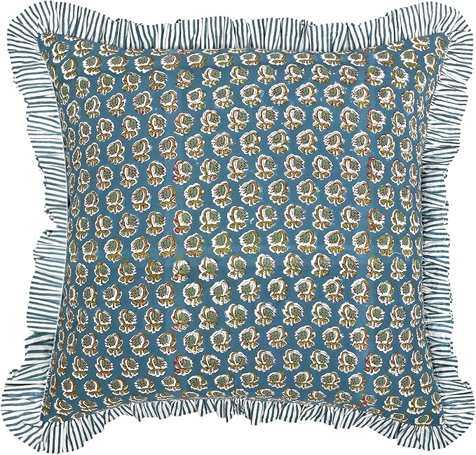 Ridhi Modern Farmhouse Pillow Covers Decorative Cotton Throw Pillow Covers Set of 2 Peacock Blue Cushion Covers with Ruffle for Couch Sofa Bed Living Room Spring Home Decor 18x18