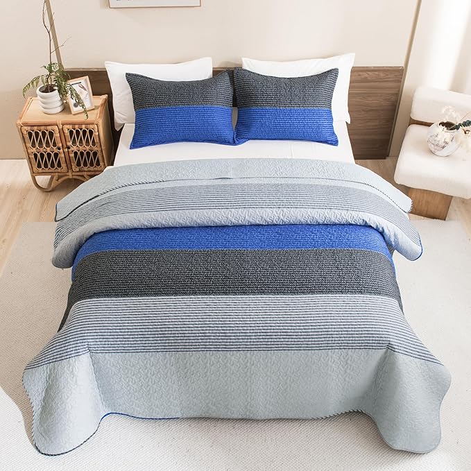 Litanika California King Quilt Set Blue and Grey - Cal King Oversized Stripe Comforter Bedspreads & Coverlets - Soft Lightweight Quilted Bedding Set for All Season(1 Quilt, 2 Pillowcases)